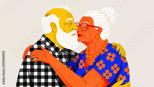 Vibrant illustration of a loving senior couple embracing, beautifully symbolizing enduring affection, deep connection, and the joy of lasting companionship in their golden years