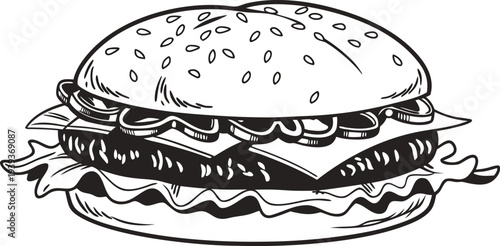 Hand drawn sketch of a delicious cheeseburger with lettuce and tomato