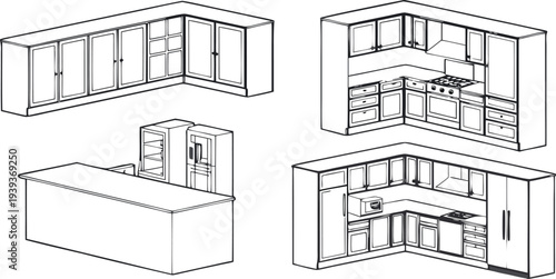 Kitchen interior design layout sketches and furniture floor plan line art drawings