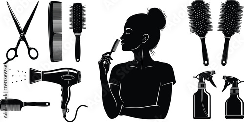 Hairdresser tools and woman silhouette hairstyling set scissors comb brushes hairdryer spray bottles beauty salon vector illustration collection