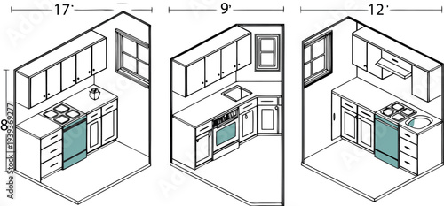 Kitchen layout floor plan diagrams with dimensions