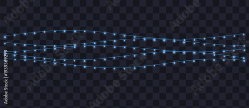 Three wavy strands of glowing blue string lights illuminate a festive celebration atmosphere