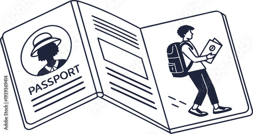 Open passport with traveler silhouette and identity page illustration