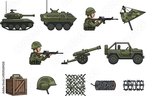 Military equipment and soldiers illustrated in a digital art style on a clean background showcasing various vehicles and tactical gear from a straightforward viewpoint