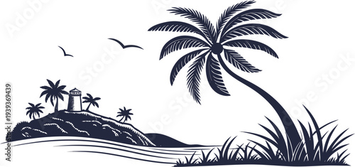 Tropical island silhouette with lighthouse and palm tree vector illustration