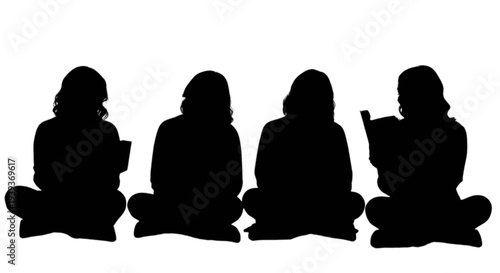 Four silhouettes of people sitting cross legged reading