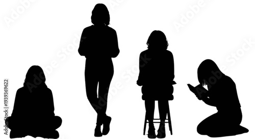 Four black silhouettes of people in different poses on white background