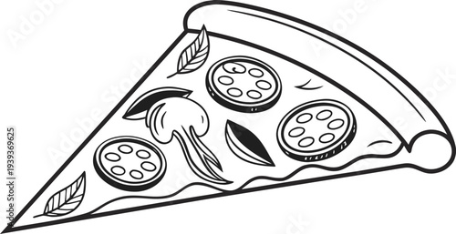 Black and white line art illustration of a pizza slice with toppings