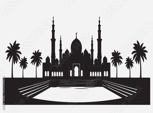 Ramadan mubarak greeting with a silhouette of a mosque and crescent moon