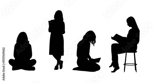 Four women reading in different poses