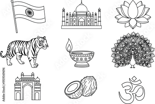 India cultural symbols line icons set Taj Mahal lotus tiger peacock diya Om flag coconut monument vector illustration collection