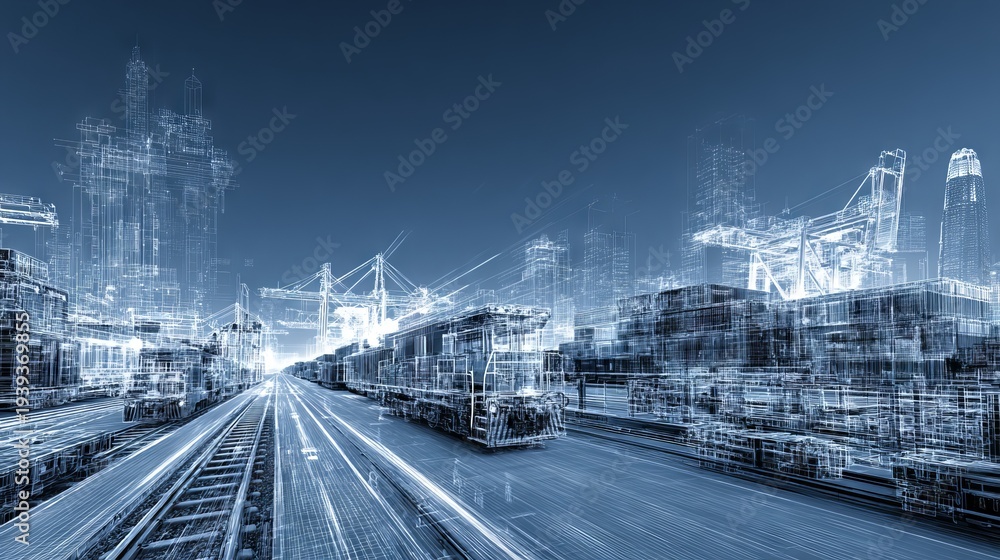 Naklejka premium Futuristic Visualization of Logistics Networks with Wireframe Elements