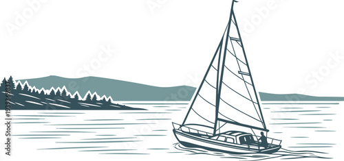 Stylized illustration of a sailboat on the water with a coastal landscape background
