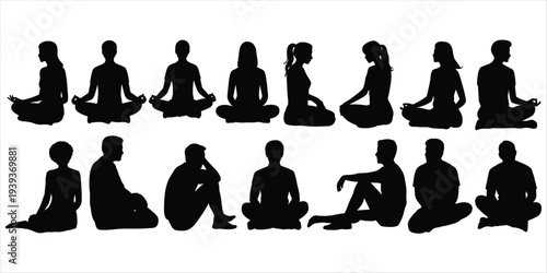 Silhouettes of Men and Women in Various Yoga and Meditation Poses on White Background Keywords: yoga, meditation, silhouette
