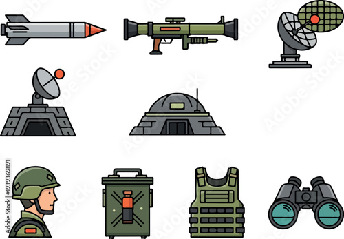 Military icons collection featuring soldier, equipment, and technology in a digital illustration