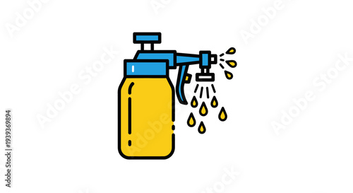 Simple illustration of a yellow spray bottle with blue top spraying liquid.