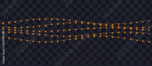 Three wavy strings of vibrant gold amber glowing holiday lights illuminate a festive
