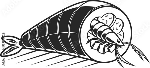 Black and white vector illustration of a shrimp sushi roll