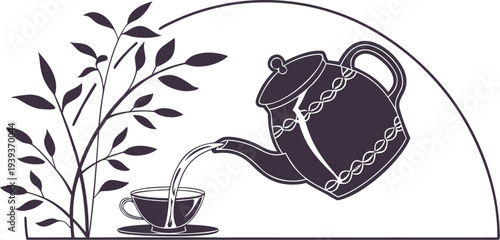 Tea time illustration with teapot pouring tea into a cup and a leafy plant branch