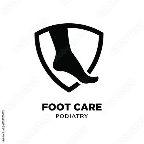 Foot Care Podiatry Medical Logo with Human Foot Silhouette in Protective Shield Emblem