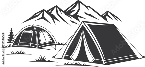 Camping tents in the mountains black and white vector illustration