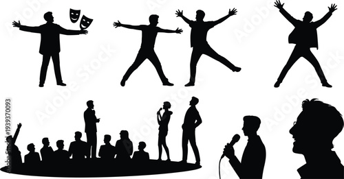 Silhouettes of people performing, speaking, and in audience on white background performance acting