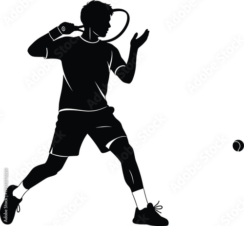 Tennis player silhouette hitting forehand stroke, dynamic sports action pose, athletic movement illustration, vector design for game artwork