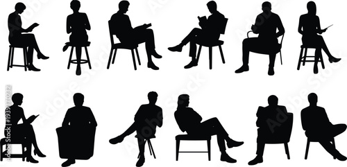 Silhouettes of people sitting and reading books in different chairs woman