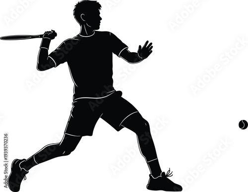 Tennis player silhouette preparing forehand swing with racket, dynamic motion illustration, athletic posture concept, sports technique detail