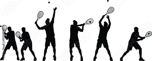 Tennis player silhouettes showing sequential serve motion, racket swing and ball toss positions, sports training vector illustration for coaching, fitness, competition