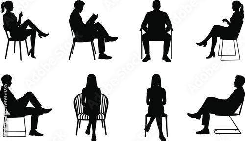 Silhouettes of People Sitting on Chairs White Background woman
