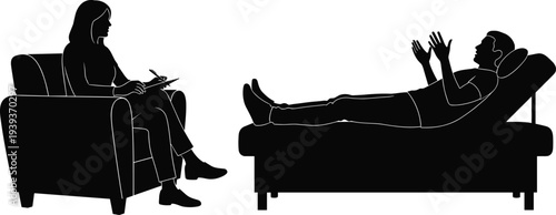 Therapy session silhouettes with counselor and patient on couch, vector illustration for psychology, counseling, mental health, communication, support