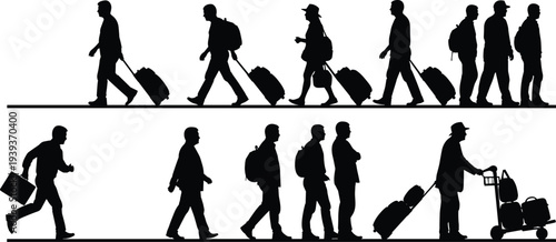 Traveler silhouettes walking with luggage, suitcases, backpacks, briefcases and carts vector illustration for airport, transport, tourism, travel design