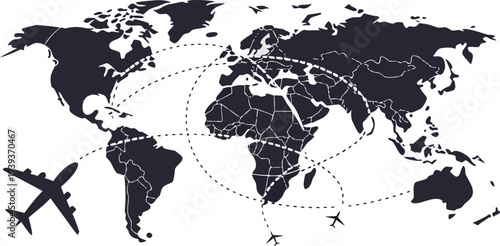 World map with airplane flight paths and travel routes