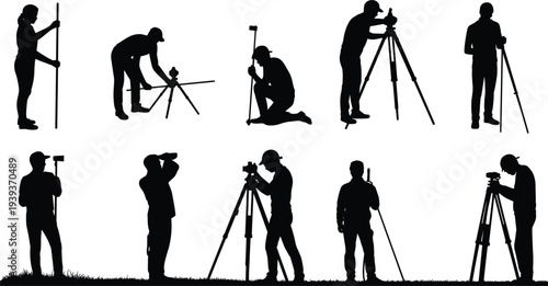 Silhouettes of Surveyors and Photographers with Equipment on Tripods Keywords: surveyor, surveying, photography, photographer