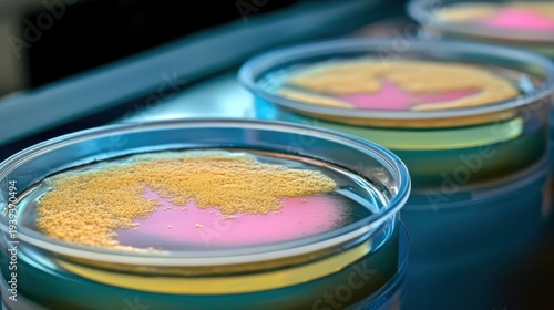 Close-up of vibrant bacterial colonies growing in pink and yellow liquid culture medium within laboratory petri dishes