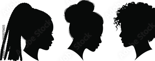 Three black silhouette profiles of women with different hairstyles woman head