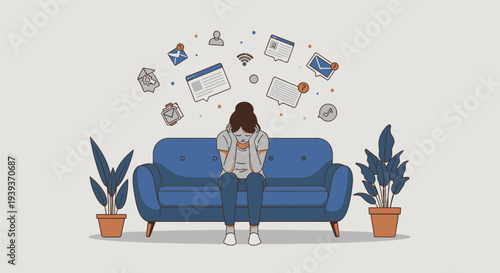 Woman sitting on a blue couch surrounded by floating digital icons and devices.