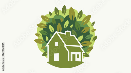 A delightful illustration of a cozy house nestled within a circle of vibrant foliage, symbolizing comfort, harmony with nature, and the beauty of a sustainable living environment.