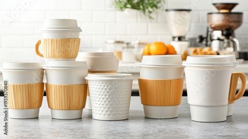 Multiple white reusable coffee cups with natural bamboo sleeves stacked on a kitchen counter