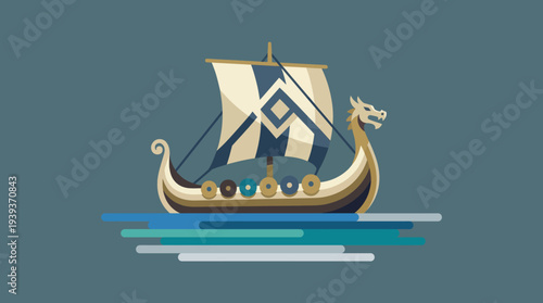 A minimalist depiction of a Viking ship with a dragon figurehead, set against a serene blue background, symbolizing adventure and exploration in a modern artistic style.