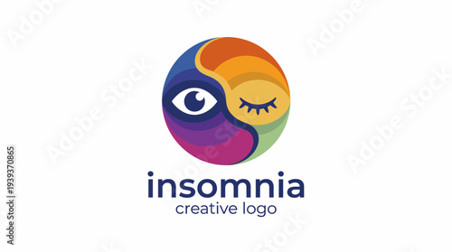 This image presents a vibrant logo design depicting a face representing insomnia, combining imaginative elements to convey duality and human experiences.