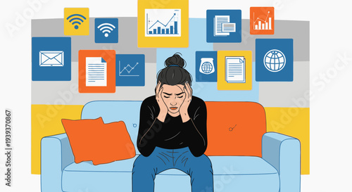 Woman sitting on a couch looking stressed with various digital icons around her.