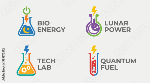 This image showcases a logo design featuring laboratory equipment icons representing bioenergy, lunar power, tech lab, and quantum fuel, ideal for scientific branding.