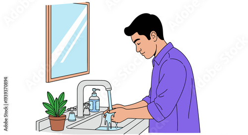Man washing hands under running water in bathroom sink.