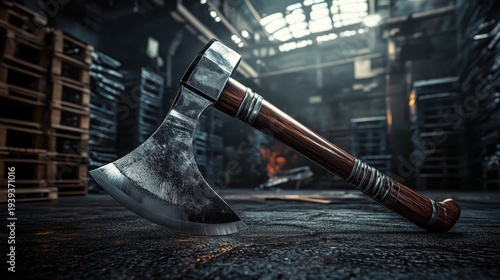 Polished Steel Axe with Wooden Handle Rests on Textured Surface in Industrial Setting