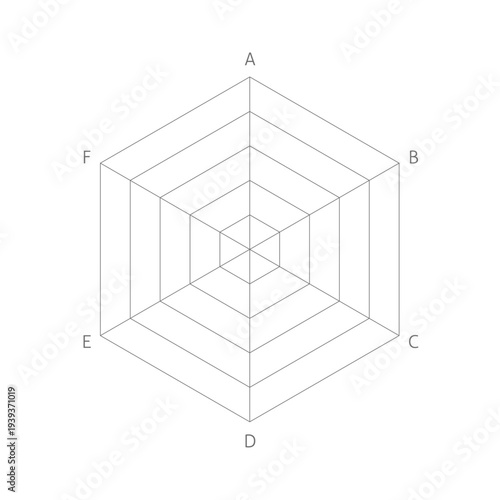 濃いグレーの六角形のレーダーチャートとAからFの文字 - シンプルな6項目5段階評価のテンプレート