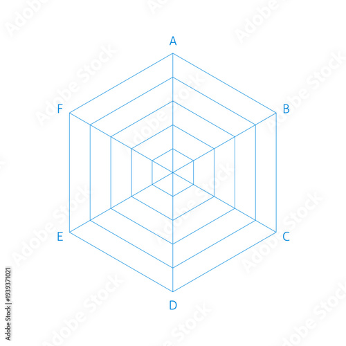 青い六角形のレーダーチャートとAからFの文字 - シンプルでおしゃれな6項目5段階評価のテンプレート