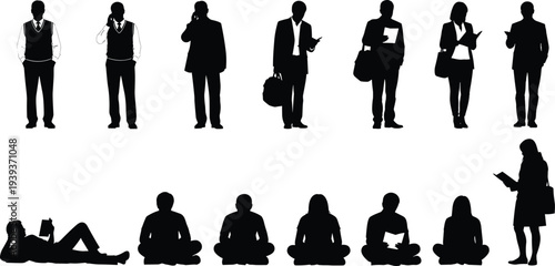 Twelve silhouettes of professionals and casual figures, business attire with briefcases, relaxed seated poses, reading and tablet activity detail