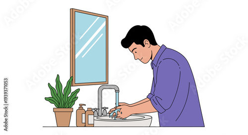 Man washing hands in a bathroom sink with soap and a plant nearby.